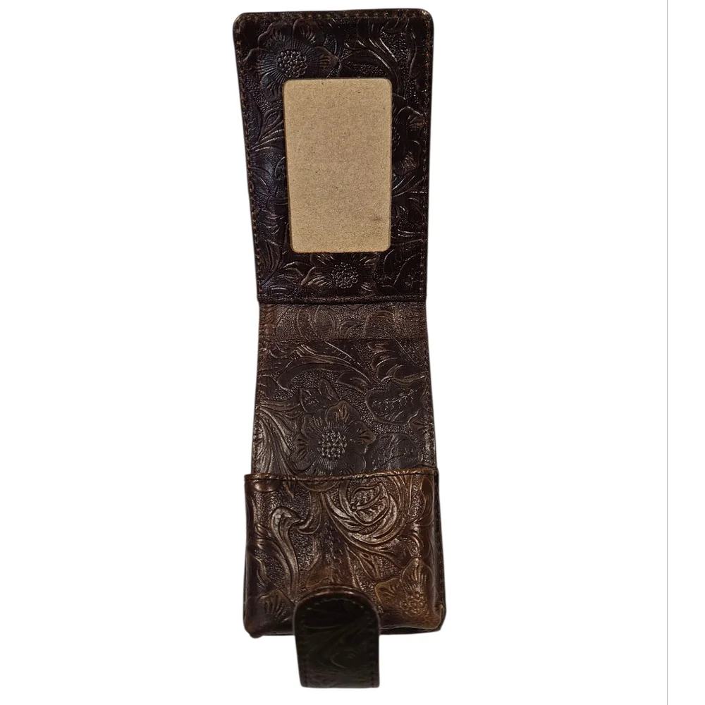 Vintage Tooled Leather Flip Phone Holder – Western Floral Embossed Brown Case